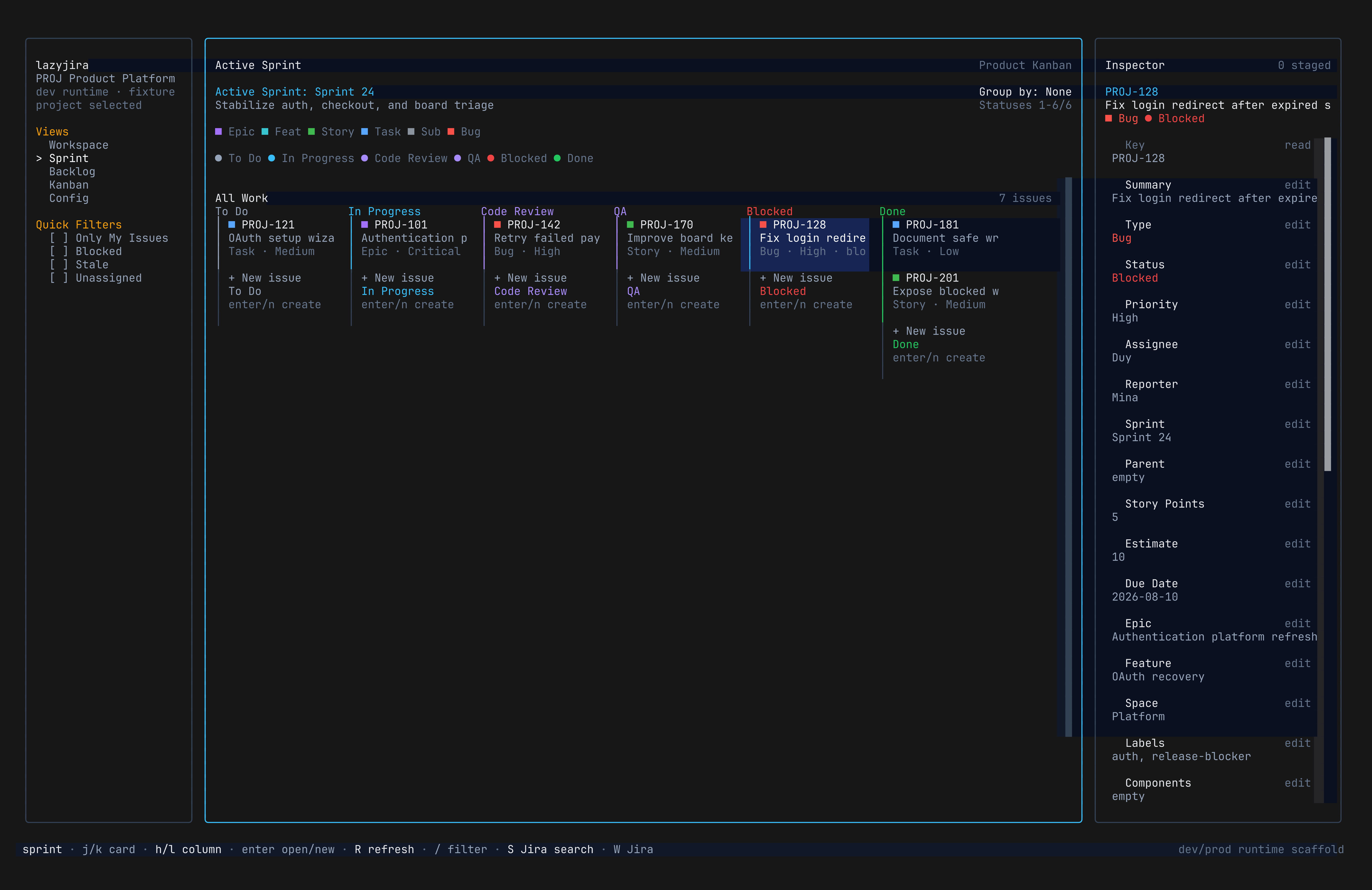 Earlier lazyjira fixture build showing an active sprint board and issue inspector